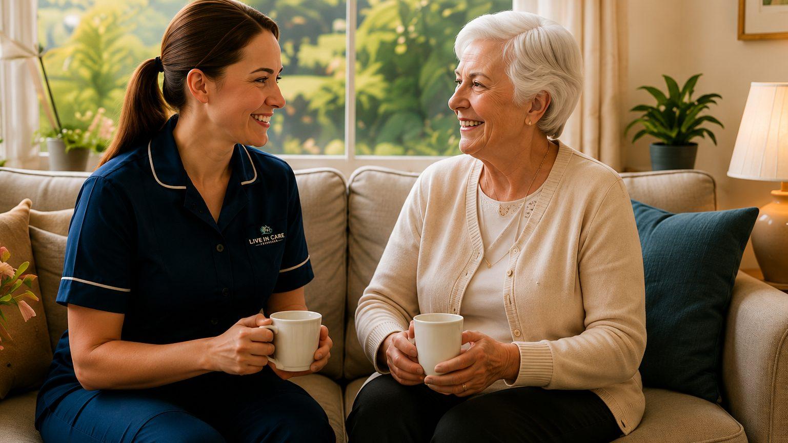 A live-in carer sharing a warm conversation with her client at home