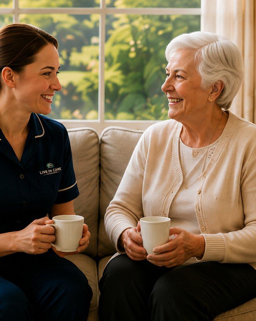 A live-in carer sharing a warm conversation with her client at home