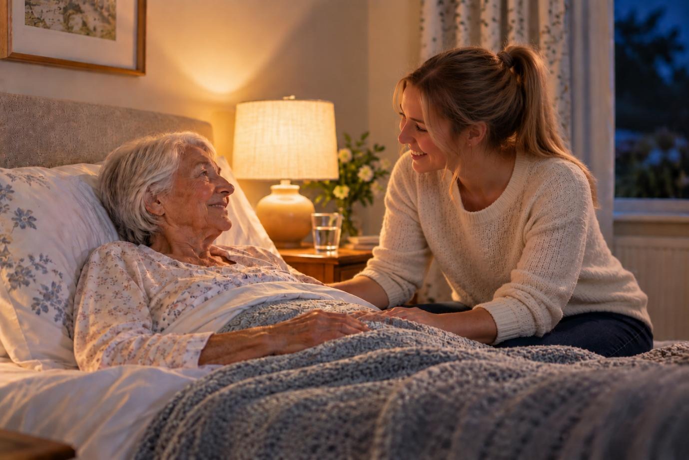 A carer sitting with her client at night, offering reassurance in the comfort of their own bedroom