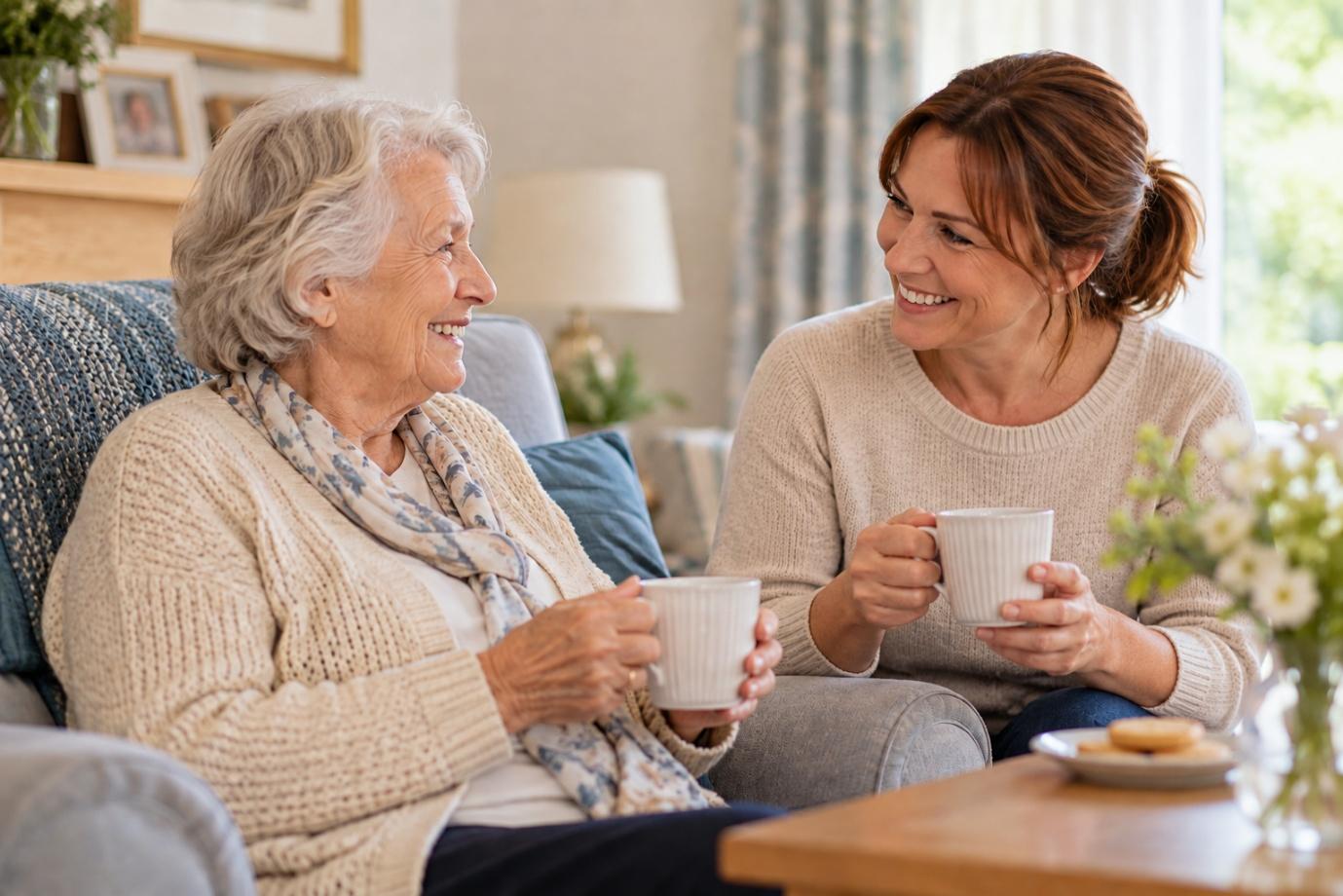 A family carer sharing a cup of tea and a smile with her mother at home